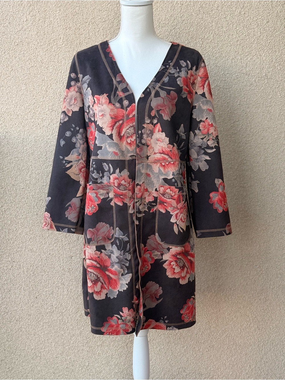 Solitaire Anthropologie Floral Faux Suede Open Front Duster Jacket Coat S Boho - Picture 3 of 13